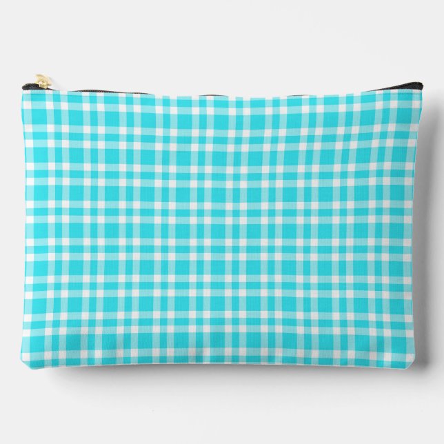 Blue White Plaid Pattern Large Accessory Pouch (Front)
