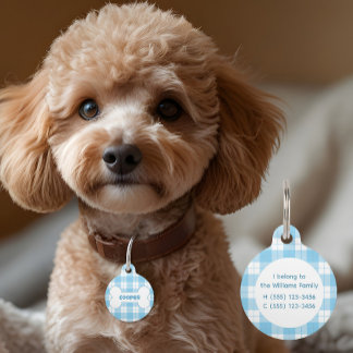 Blue White Plaid Pattern Name Bone  Pet Tag