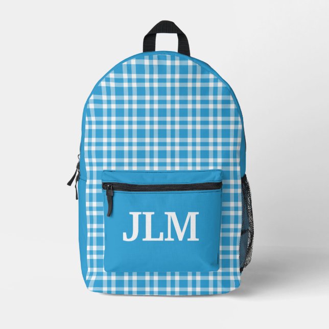 Blue White Plaid Personalise Pattern Printed Backpack (Front)