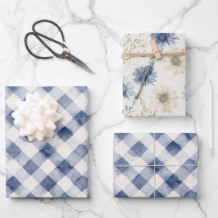 Blue White Plaid Stripes Birthday Wrapping Paper Sheet