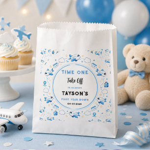 Blue White Plane 1st Birthday Time One Take Off Favour Bags