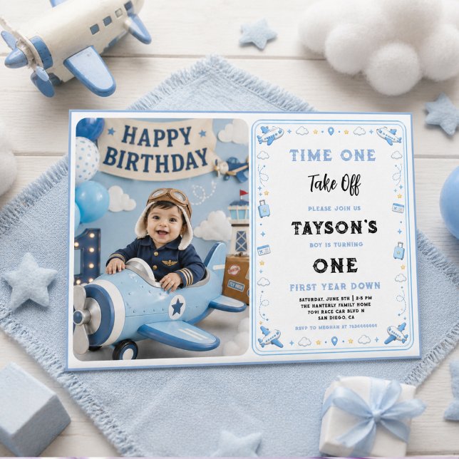 Blue White Plane 1st Birthday Time One Take Off  Invitation (Blue White Plane 1st Birthday Time One Take Off Invitation
)