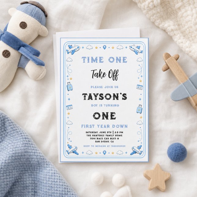 Blue White Plane 1st Birthday Time One Take Off Invitation (Blue White Plane 1st Birthday Time One Take Off Invitation
)