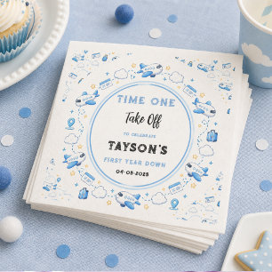Blue White Plane 1st Birthday Time One Take Off Napkin