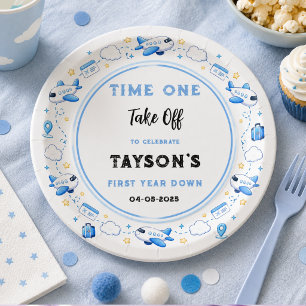 Blue White Plane 1st Birthday Time One Take Off Paper Plate