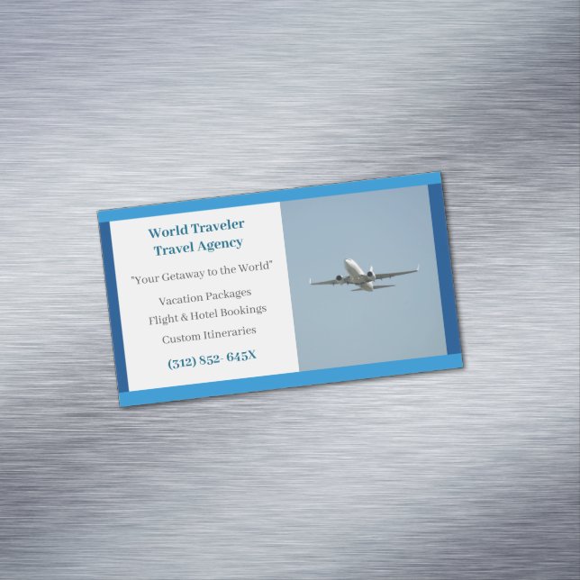 Blue White Plane Agent Aeroplane Travel Agency  Magnetic Business Card (In Situ)
