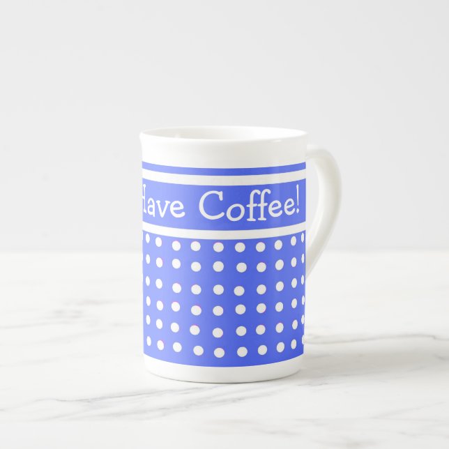 Blue/White Polka Dot Bone China Coffee Mug (Front Right)