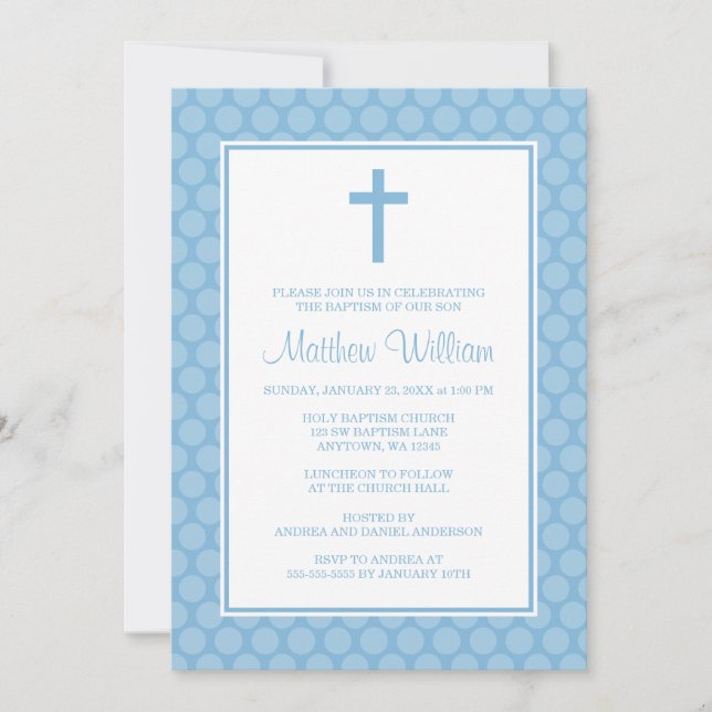 Blue White Polka Dot Cross Boy Baptism Christening Invitation (Front)