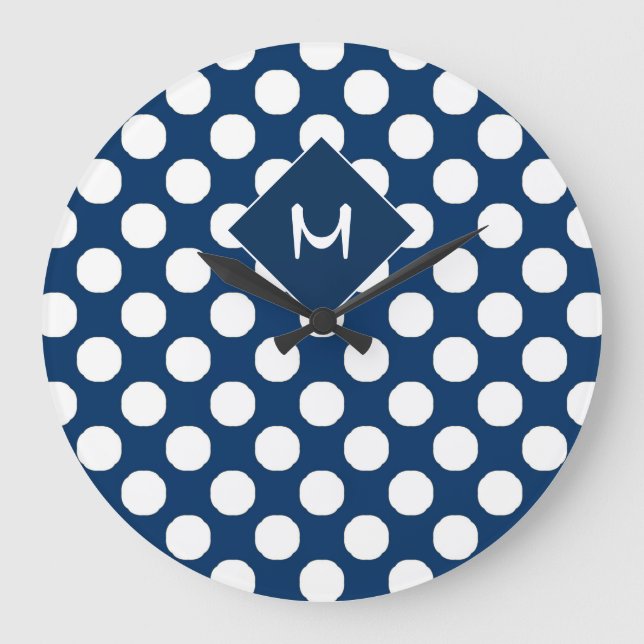 Blue White Polka Dot Pattern Monogram Large Clock (Front)