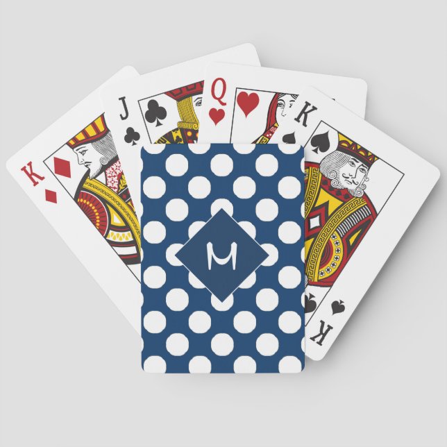 Blue White Polka Dot Pattern Monogram Playing Cards (Back)