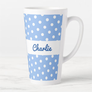 Blue White Polka Dot Pattern Retro Personalised Latte Mug