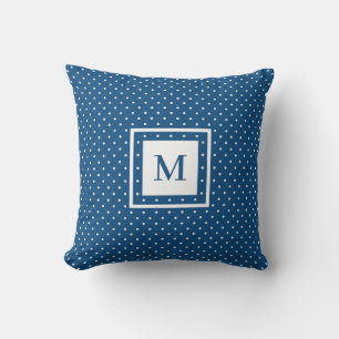 Blue White Polka Dot Pattern with Modern Monogram Cushion