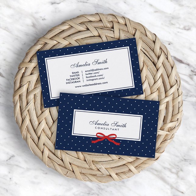 Blue & White Polka Dot Red Ribbon Social Media Business Card (Creator Uploaded)
