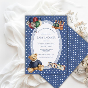 Blue & White Polkadot Teddy Bear Vintage Toys  Invitation