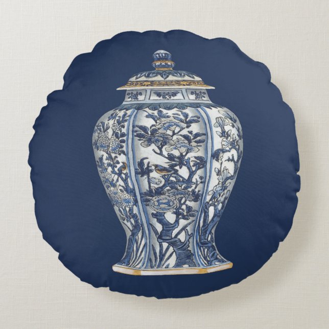 Blue & White Porcelain Vase by Vision Studio Round Cushion (Front)