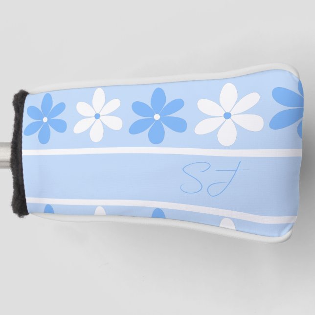 BLUE WHITE PRETTY FLORAL PATTERN FLOWERS INITIALS GOLF HEAD COVER (Front)
