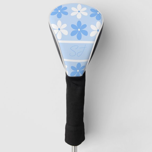 BLUE WHITE PRETTY FLORAL PATTERN FLOWERS INITIALS GOLF HEAD COVER (Front)