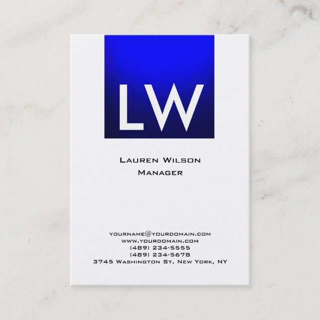 Blue White Professional Modern Simple Monogram Business Card (Front)