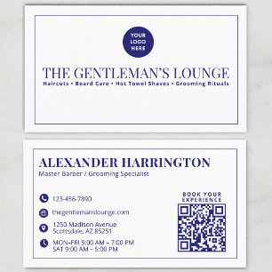 Blue White Qr Code Social Icon Barber Grooming Business Card