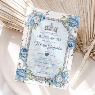 Blue & White Quinceañera Silver Crown 15 Anos Invitation