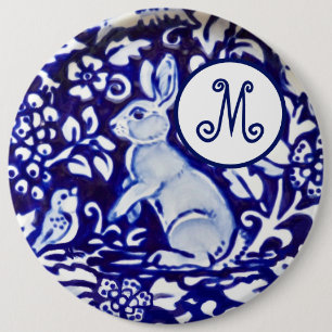 Blue White Rabbit Bird Floral Monogram Elegant 6 Cm Round Badge