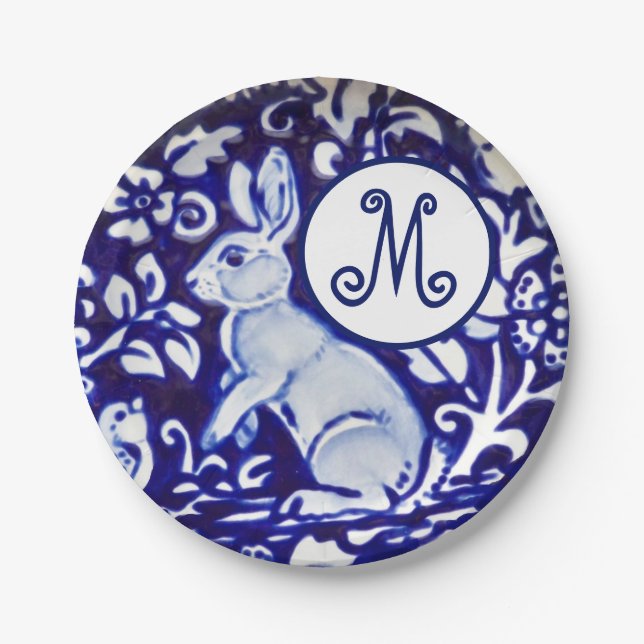 Blue White Rabbit Bird Floral Monogram Elegant Paper Plate (Front)