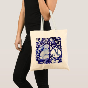 Blue White Rabbit Bird Floral Monogram Elegant Tote Bag