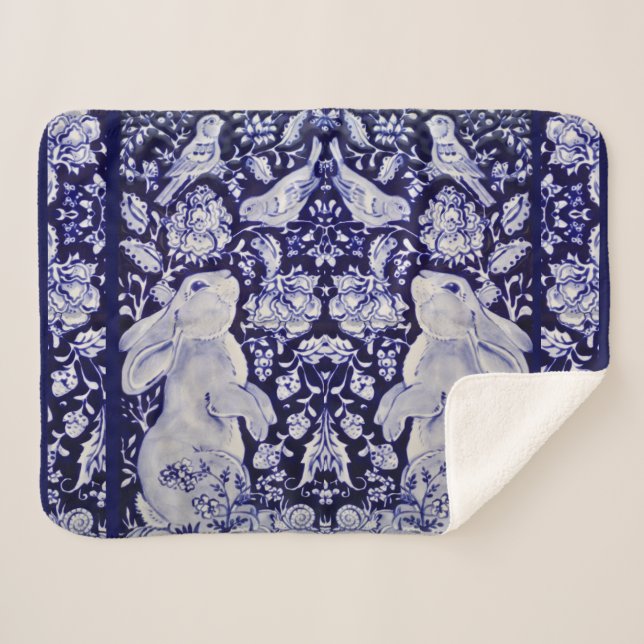 Blue & White Rabbit Bird Woodland Navy Floral Art Sherpa Blanket (Front (Horizontal))