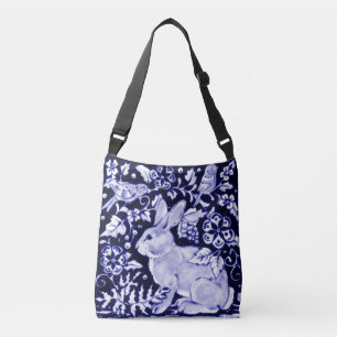 Blue & White Rabbit Birds Floral Designer Tote Bag