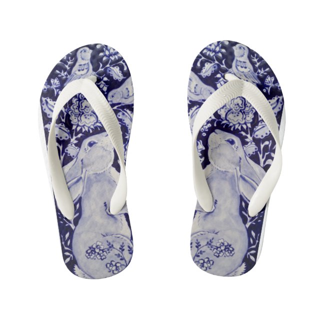 Blue & White Rabbit Bunny Bird Floral Chinoiserie Kid's Jandals (Footbed)