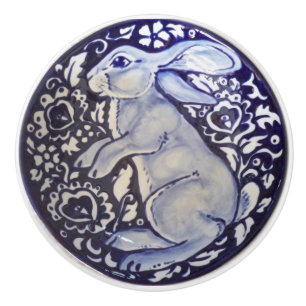 Blue & White Rabbit Bunny Drawer Pull Knob Dedham