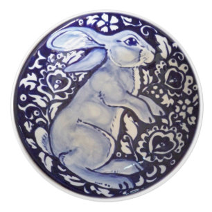 Blue & White Rabbit Bunny Drawer Pull Knob Dedham