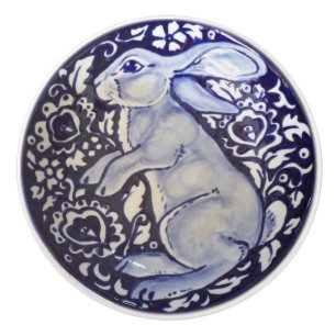 Blue & White Rabbit Bunny Drawer Pull Knob Dedham