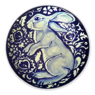 Blue & White Rabbit Bunny Drawer Pull Knob Dedham