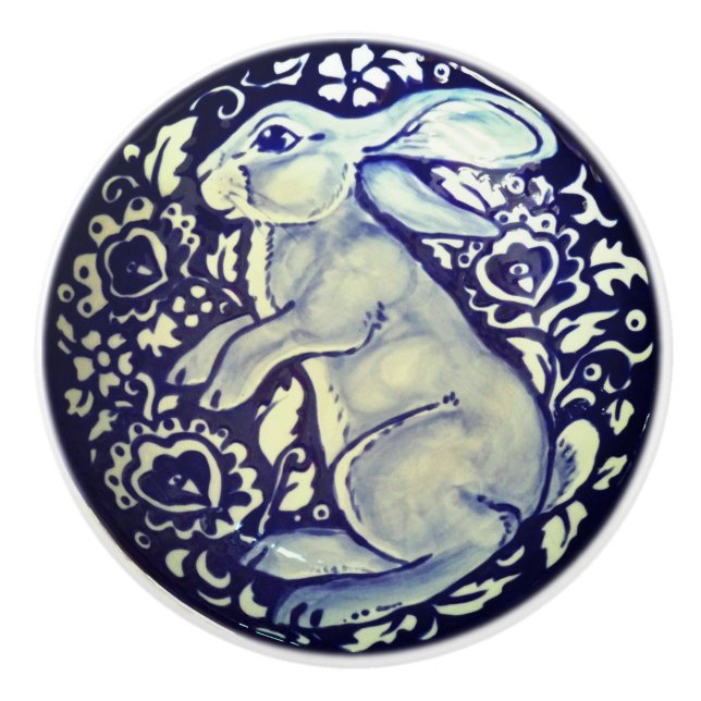 Blue & White Rabbit Bunny Drawer Pull Knob Dedham (Front)
