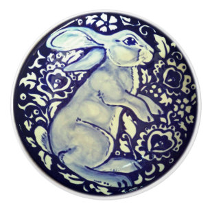 Blue & White Rabbit Bunny Drawer Pull Knob Dedham