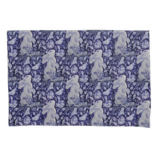 Blue & White Rabbit Bunny Flowers Bird Navy Cobalt Pillowcase