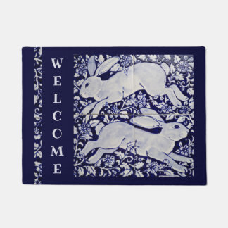 Blue & White Rabbit Bunny Welcome Elegant Tile Art Doormat