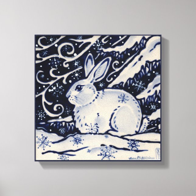Blue & White Rabbit Bunny Woodland Snow Winter Art Canvas Print (Front)