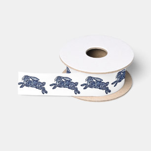Blue & White Rabbit Floral Delft Dedham Bunny Satin Ribbon