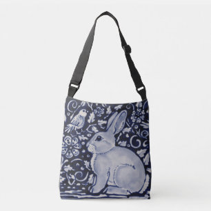 Blue & White Rabbit Floral Designer Shopping Tote