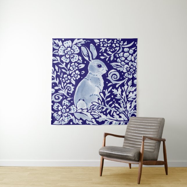 Blue & White Rabbit Floral Woodland Delft Dedham Tapestry (In Situ)