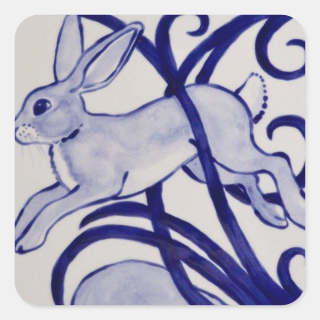 Blue & White Rabbit Hare Art Deco Tile Scroll Square Sticker (Front)