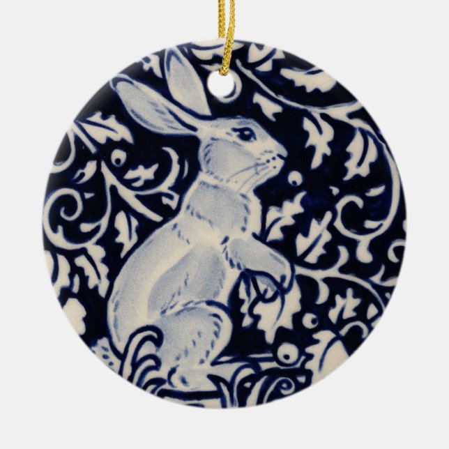Blue & White Rabbit Hare Bunny Christmas Woodland Ceramic Tree Decoration (Front)