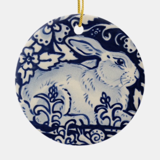 Blue & White Rabbit Hare Bunny Christmas Woodland Ceramic Tree Decoration (Front)