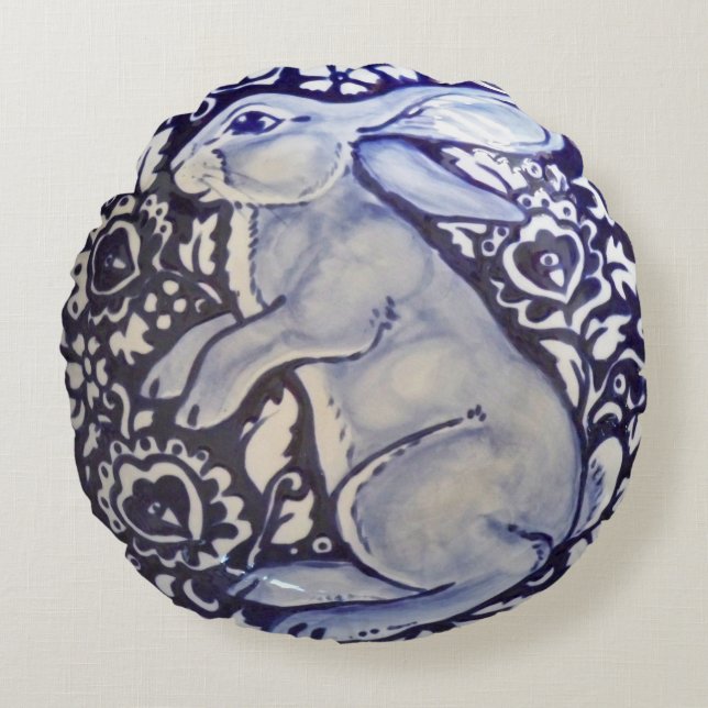 Blue & White Rabbit Pillow Porcelain China Indigo (Front)