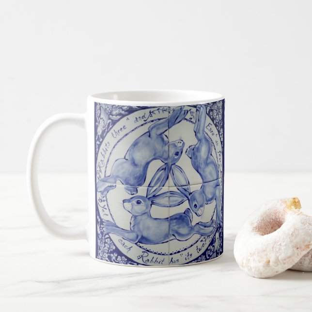 Blue & White Rabbit Three Hares Medallion Bird Coffee Mug (With Donut)