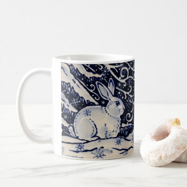 Blue & White Rabbit Tile Winter Woodland Snow Coffee Mug (With Donut)