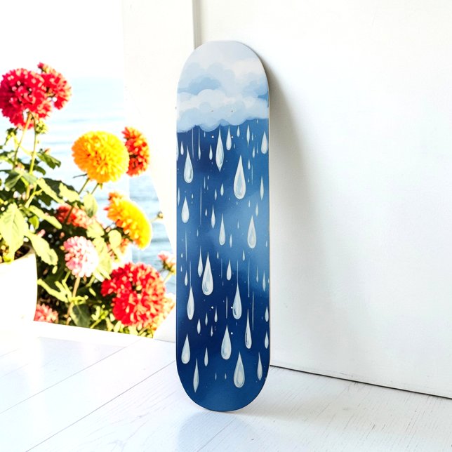 Blue White Rain Drops Rainy Day Pattern Skateboard (Creator Uploaded)