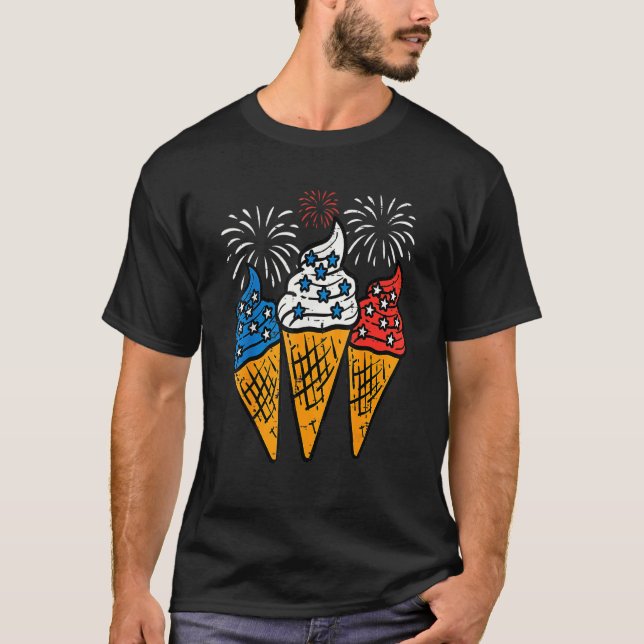 Blue White Red Ice Cream Cone Us Flag 4th Of July  T-Shirt (Front)